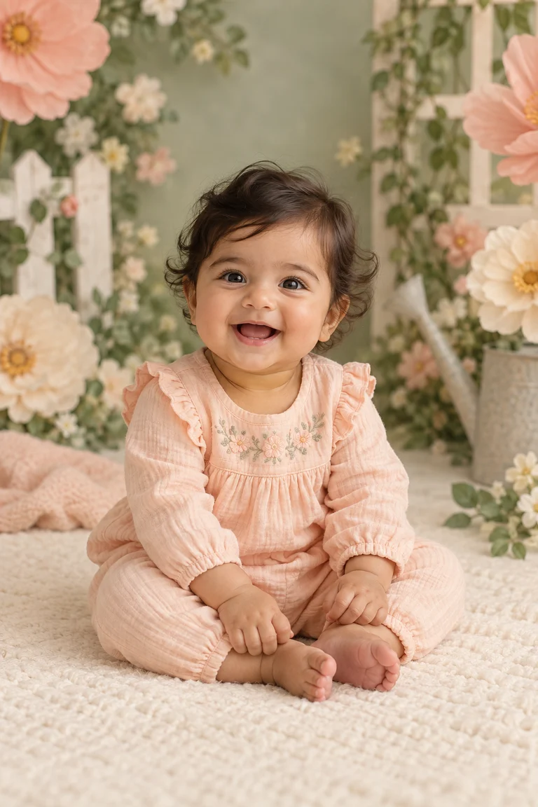 A laughing baby sitting in a pastel flower garden set