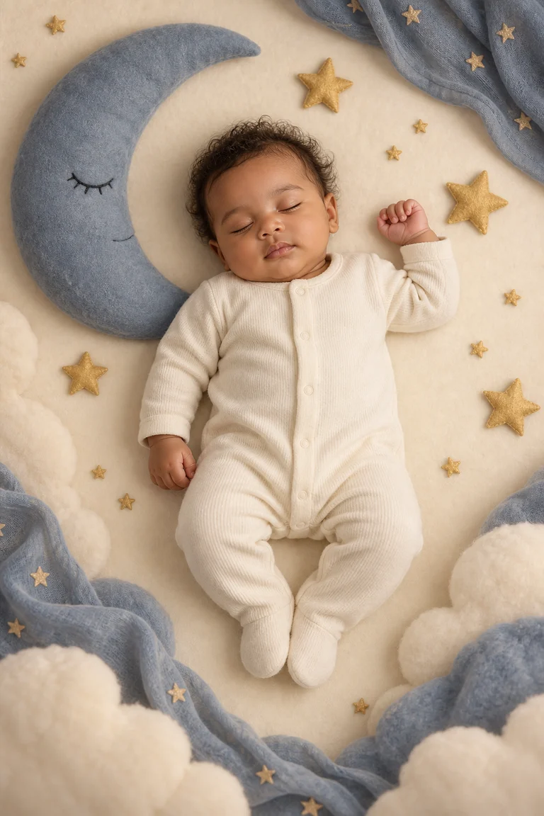 A sleeping baby surrounded by a felt moon, clouds and golden stars